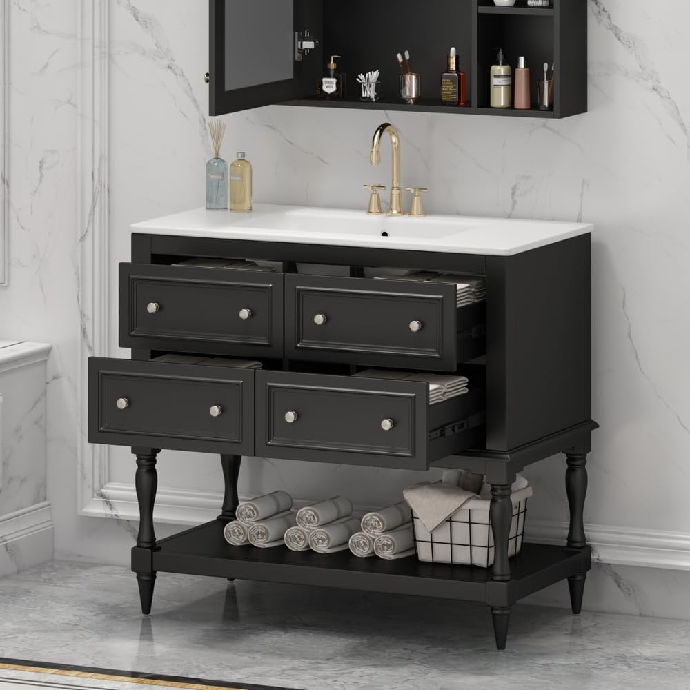 36 Inch Bathroom Vanity with Undermount Ceramic Sink, Free Standing Cabinet with 4 Drawers, Solid Wood Frame Modern Storage Set, Complete Single Basin Vanity for Bathroom (Black)