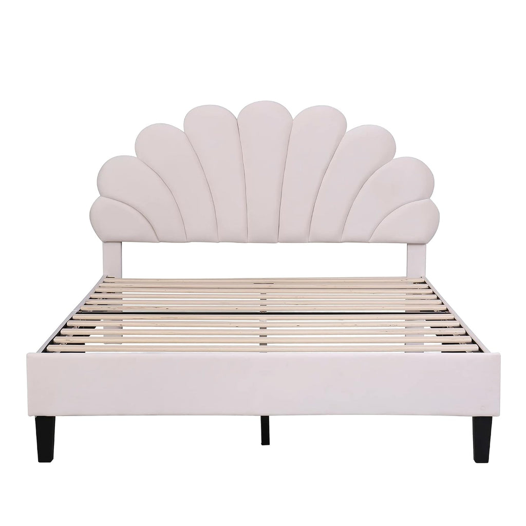 Full Size Velvet Upholstered Platform Bed with Flower Pattern Headboard,Bed Frame W/Wood Slat Support,for Bedroom,Apartment,Guest Room,Beige