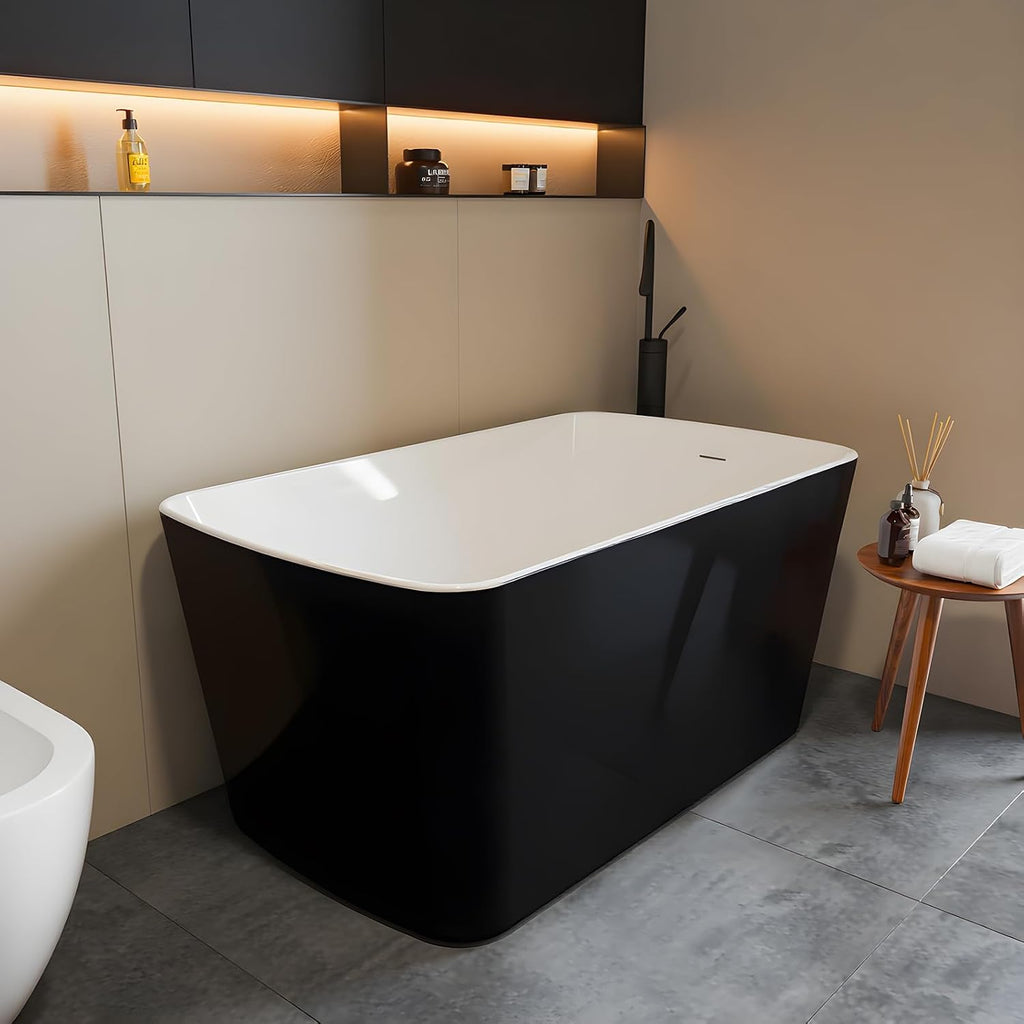 49 Inch Freestanding Bathtub Acrylic Deep Soaking Tub with Chrome Overflow & Drain, Compact Sit-In Design for Small Bathroom Renovation, Easy Install Modern (Black & Gloss White Finish)