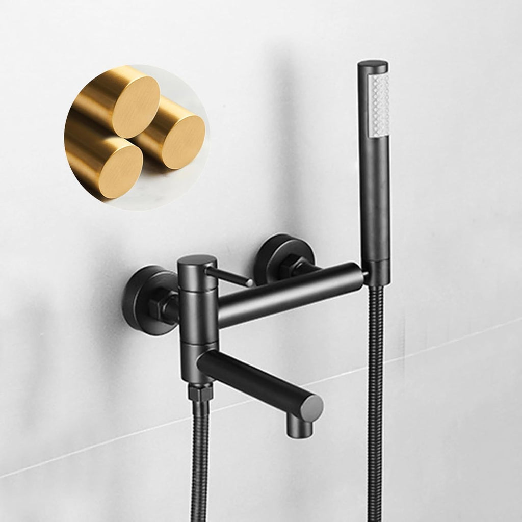 BiaoTeng Wall Mount Tub Faucet with Handheld Shower Hot and Cold Brass Single Handle Wall Mount Bath Tub Faucet Set Black