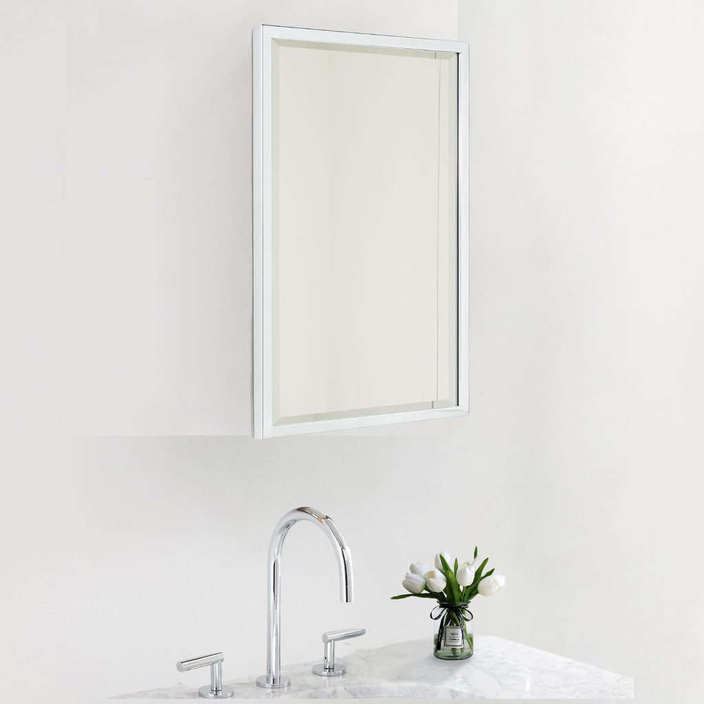 TEHOME Chrome Recessed Bathroom Medicine Cabinet with Mirror Squared Cornered Rectangle Metal Framed Medicine Cabinet with Beveled Mirror 16x24''