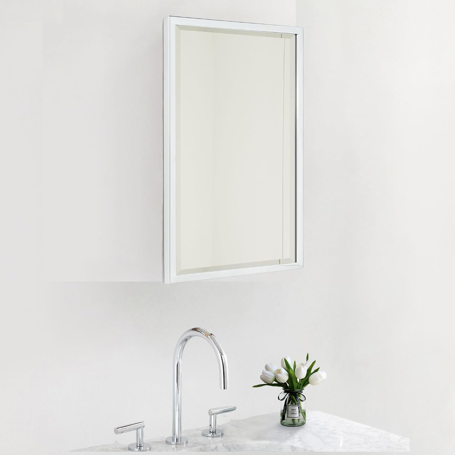 TEHOME Chrome Recessed Bathroom Medicine Cabinet with Mirror Squared Cornered Rectangle Metal Framed Medicine Cabinet with Beveled Mirror 16x24''