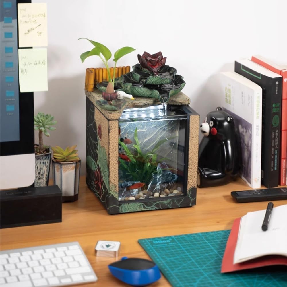 GRFIT Indoor Fountain Desktop Fountain with Waterfall and Mini Landscape Self Cleaning Zen Scape Flow for Indoors Tabletop Fountain