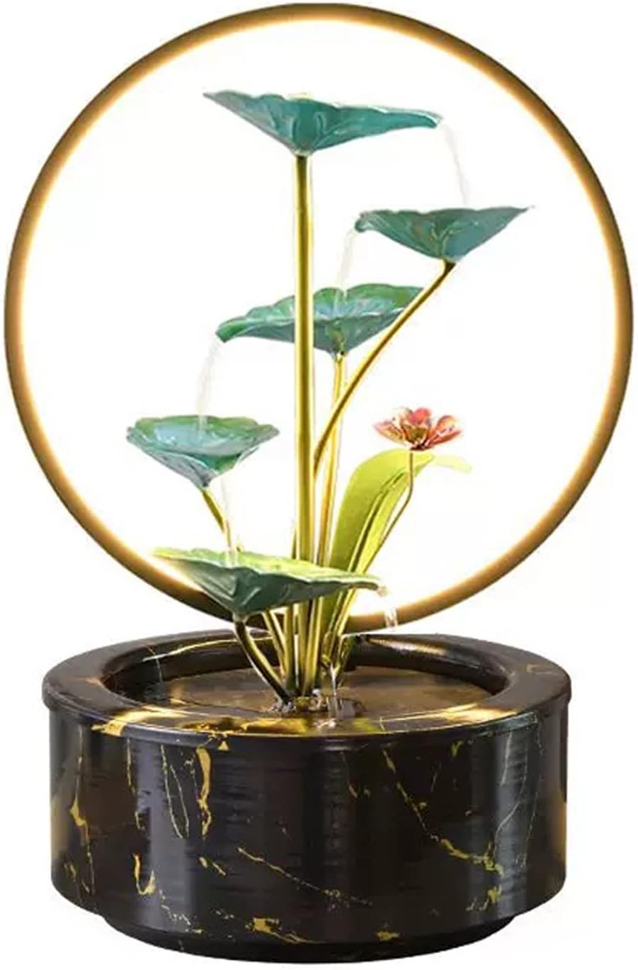 HIHELO Desktop Fountain Indoor Fountain 5 Tiers Lotus Leaf Tabletop Fountain Relaxing Waterfall Room Decoration LED with Round Scene Light Water Fountain Outdoor (Color : Black)