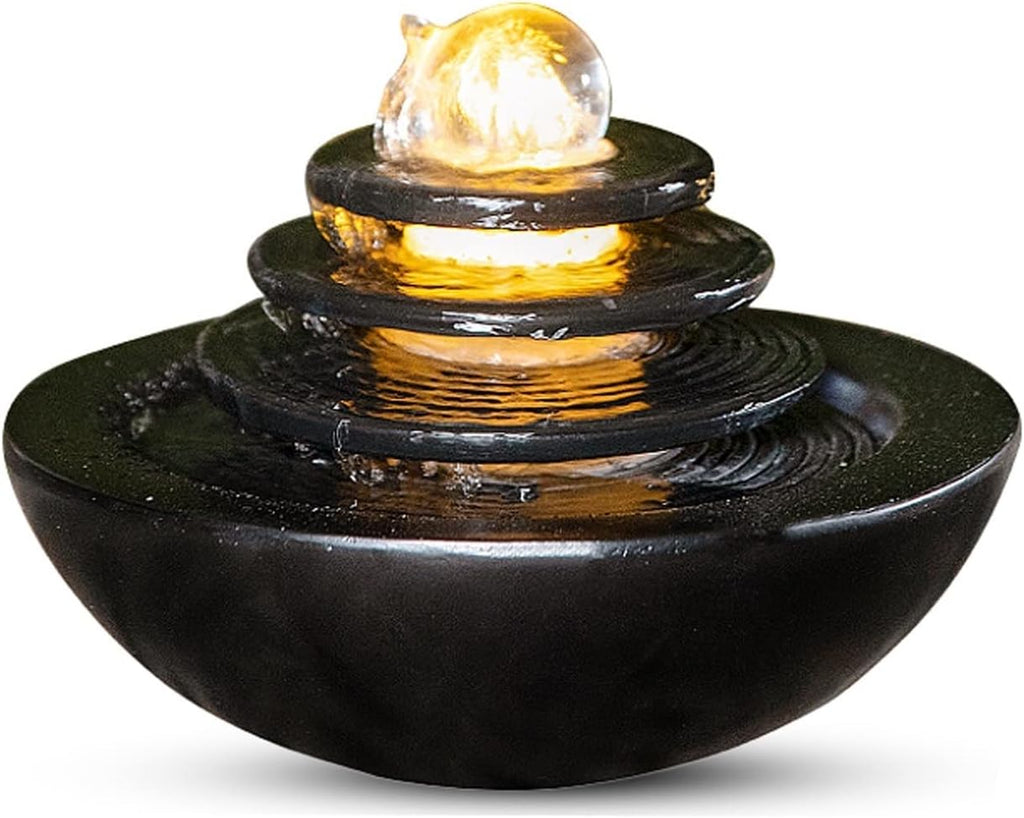 HIHELO Desktop Fountain Indoor Tabletop Fountain Waterfall Home Decor Relaxation Fountain 3 Tier Disc and Round Basin with LED Light Roller Ball Water Fountain Outdoor (Color : A)