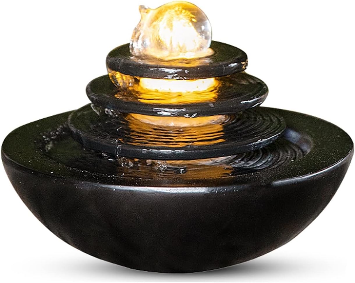 HIHELO Desktop Fountain Indoor Tabletop Fountain Waterfall Home Decor Relaxation Fountain 3 Tier Disc and Round Basin with LED Light Roller Ball Water Fountain Outdoor (Color : A)
