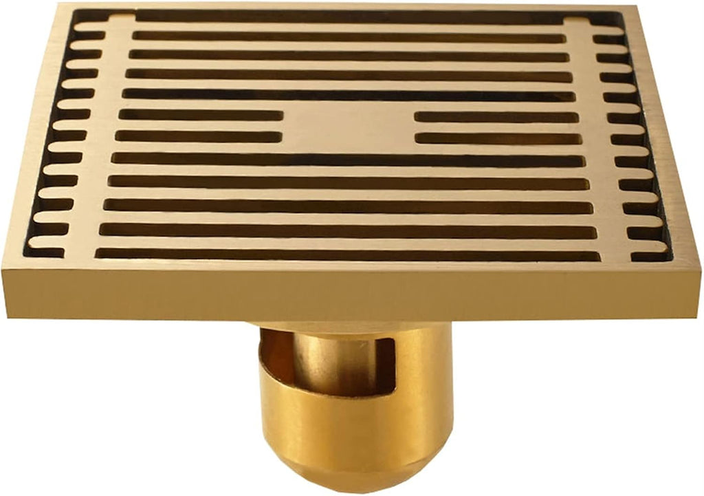 Square Shower Drain with Hair Strainer Brass Floor Drain for Kitchen Washroom Garage Basement Gold Finish 4 Inch