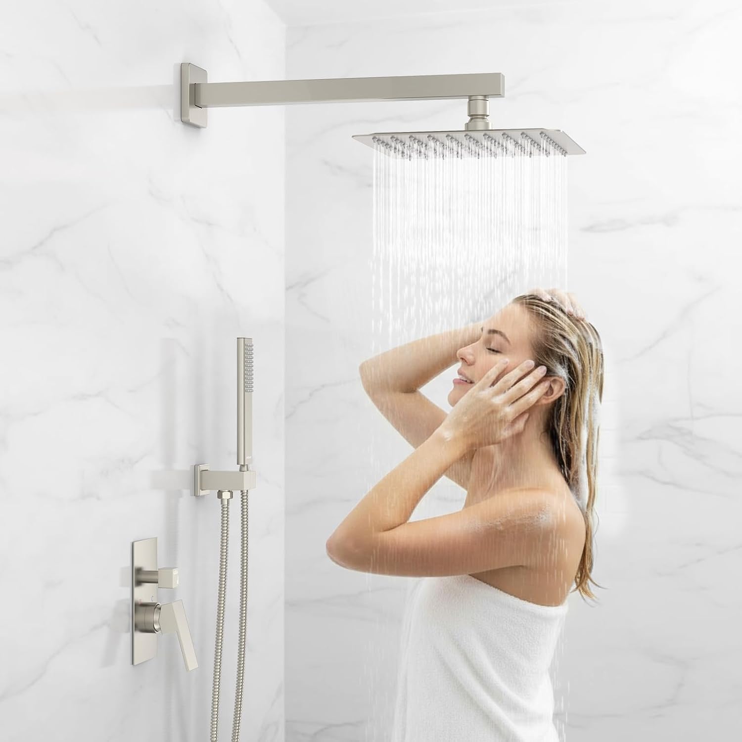 EMBATHER Shower System 12' Shower Faucet Set for Bathroom Luxury Rain Mixer Combo Set Wall Mounted Rainfall Square Shower Head, Easy Installation, Contain Rough-in Valve & Trim, Brushed Nickel