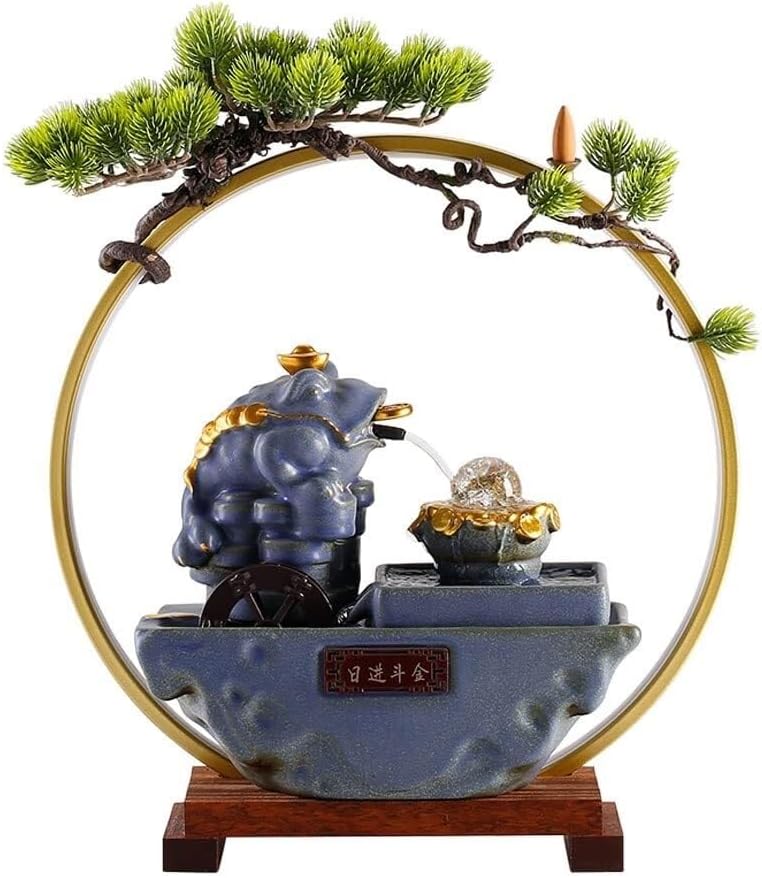 Chinese Retro Desktop Waterfall Fountain – Ceramic Tabletop Fountain with LED Light, Crystal Ball & Waterwheel