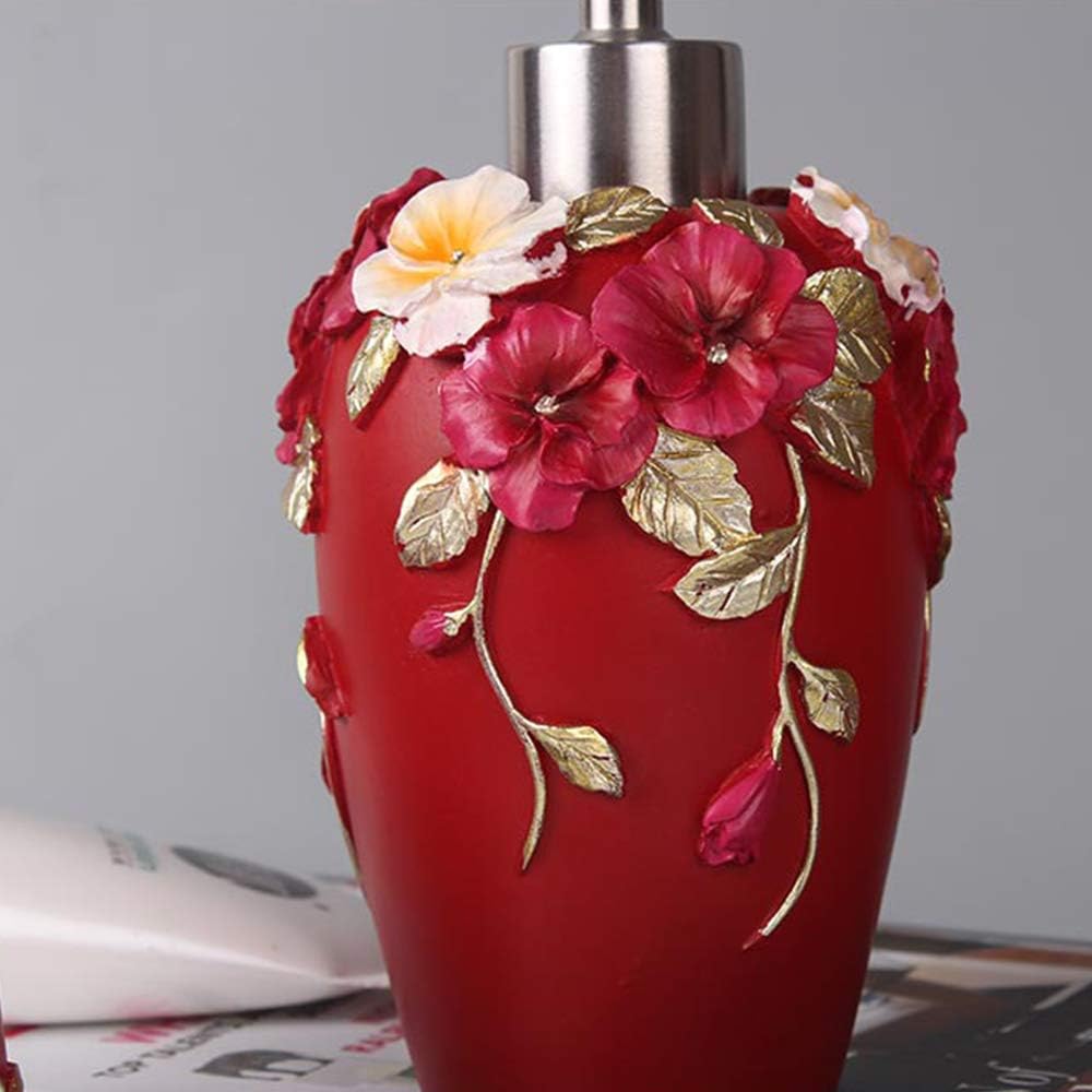 Bathroom Accessories Set Creativity Romantic Wedding Bath Set Resin Bath Ensemble Includes Toothbrush Holder, 2 Tumblers, Liquid Soap Dispenser, Soap Dish,Red