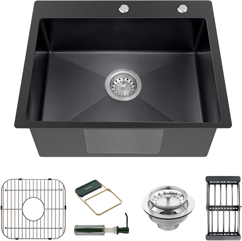 Black 22x18 Inch Kitchen And Bar Sink-Stainless Steel Drop In Single Bowl Topmount Kitchen&Bar Sink Combo-Sink Grid,Soap Dispenser,Drain Basket,Strainer Mesh,Drain Strainer Set for Modern Kitchen Sink