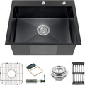 Black 22x18 Inch Kitchen And Bar Sink-Stainless Steel Drop In Single Bowl Topmount Kitchen&Bar Sink Combo-Sink Grid,Soap Dispenser,Drain Basket,Strainer Mesh,Drain Strainer Set for Modern Kitchen Sink
