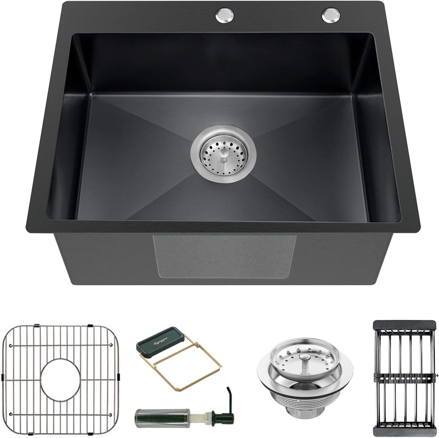 Black 22x18 Inch Kitchen And Bar Sink-Stainless Steel Drop In Single Bowl Topmount Kitchen&Bar Sink Combo-Sink Grid,Soap Dispenser,Drain Basket,Strainer Mesh,Drain Strainer Set for Modern Kitchen Sink