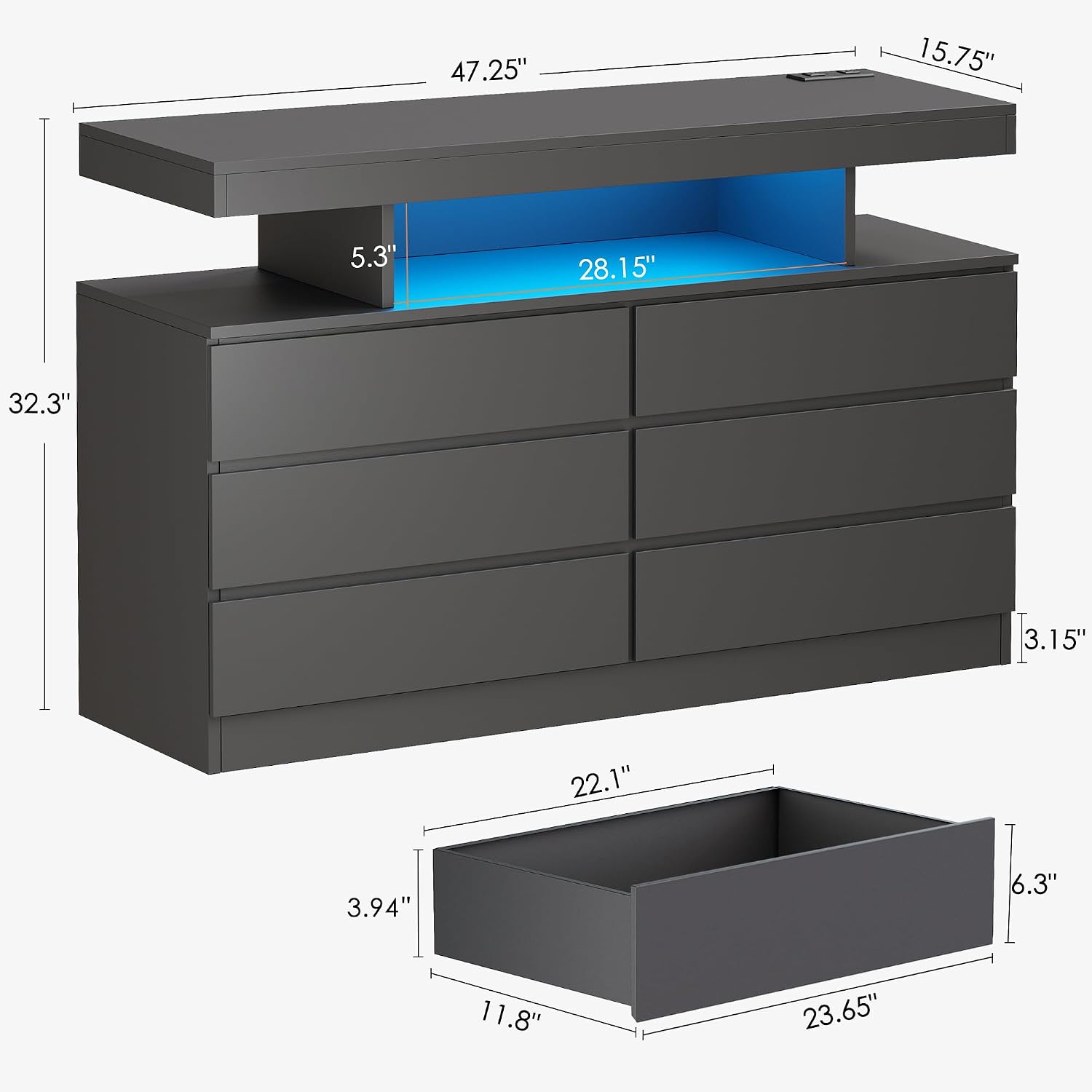 BEWISHOME Black Dresser for Bedroom with Charging Station and LED Lights, 6 Drawer Dresser Chests of Drawers, Wood Dressers for Closet, Modern Wide Dressers with Open Space, TV Stand, Black KCG02B