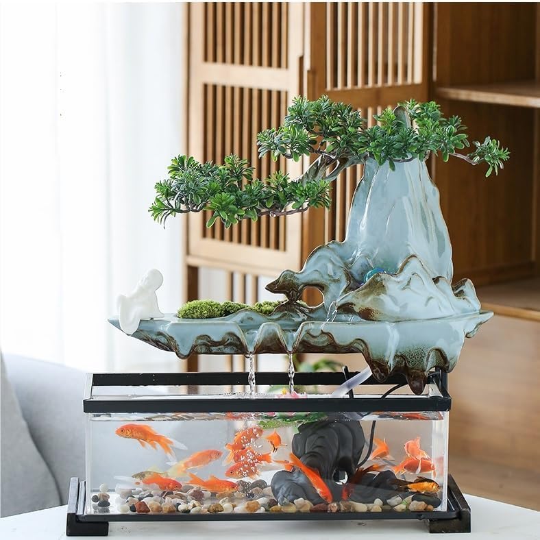 GUERNSEY Tabletop Fountain Tabletop Fountain Chinese Style Flowing Water Ornaments Landscape Fish Tank Living Room Small Fountain Waterfall Office Creative Decoration Indoor Fountain