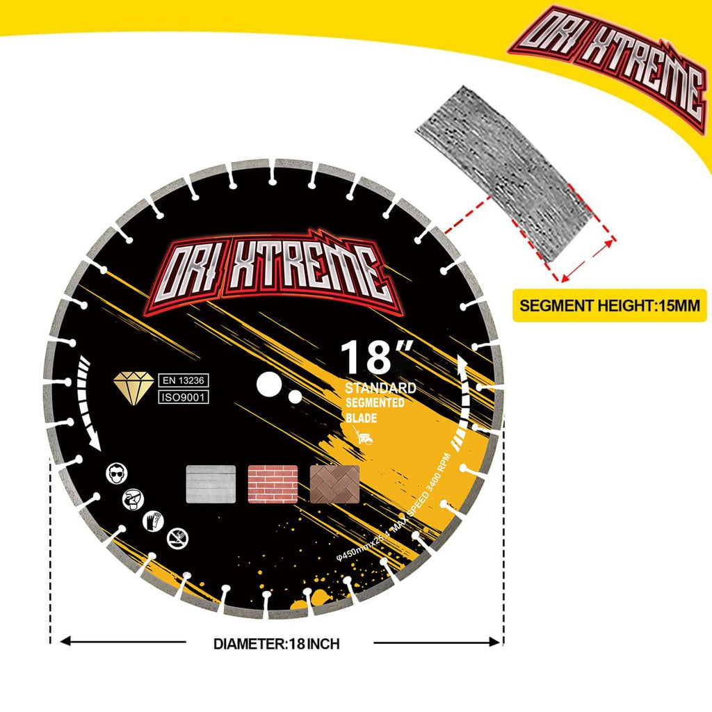 18 Inch Diamond Concrete Saw Blade, Segmented General Purpose Blade Dry/Wet Cutting Concrete, Reinforced Concrete, Green Concrete, Masonry 1' Arbor