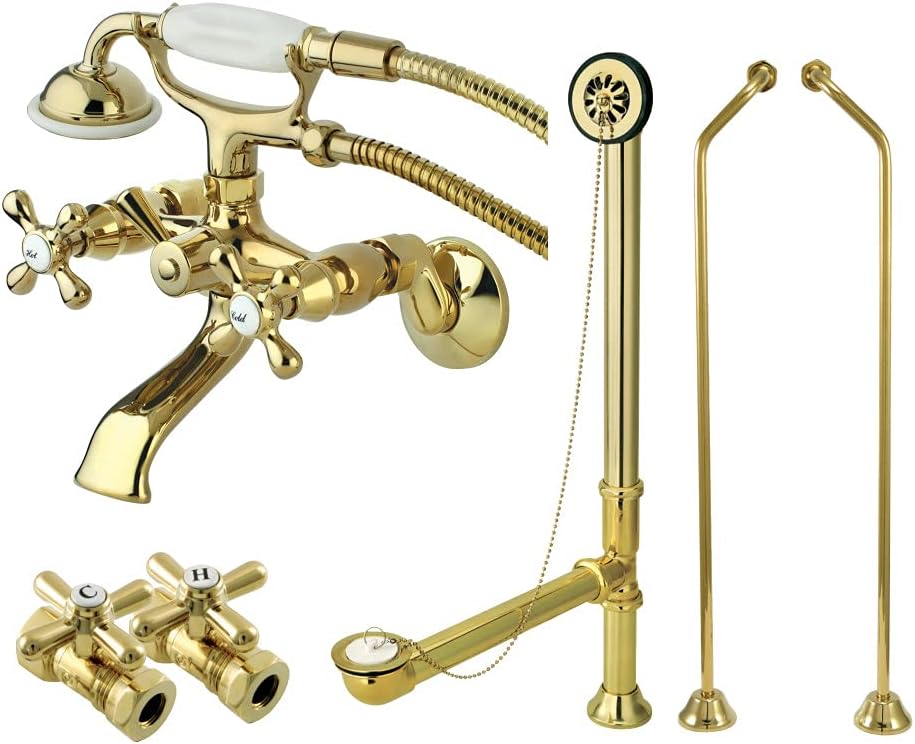 Kingston Brass CCK265PBD Vintage Wall Mount Claw Foot Faucet Package with D Set Supply Line, 4-3/4-Inch, Polished Brass