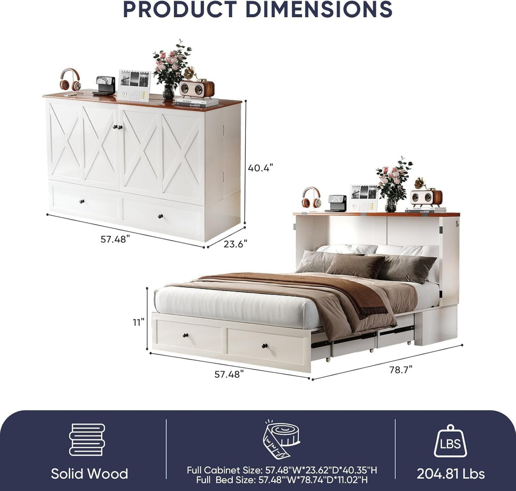 ijuicy Full Size Murphy Bed with Mattress & Extra Large Drawers, Multifunctional Cabinet Bed with USB Charging Station, Farmhouse Murphy Beds Chest for Home (Mattress Included, White & Brown)