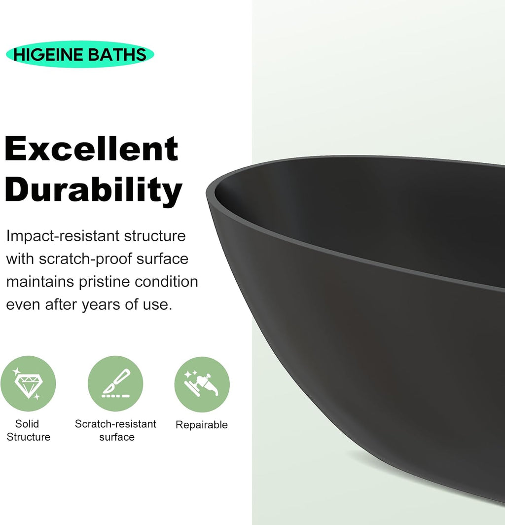 59' Premium Matte Black Solid Surface Freestanding Bathtub, Modern Design Stone Resin Bath Tub with Overflow and Pop-up Drain