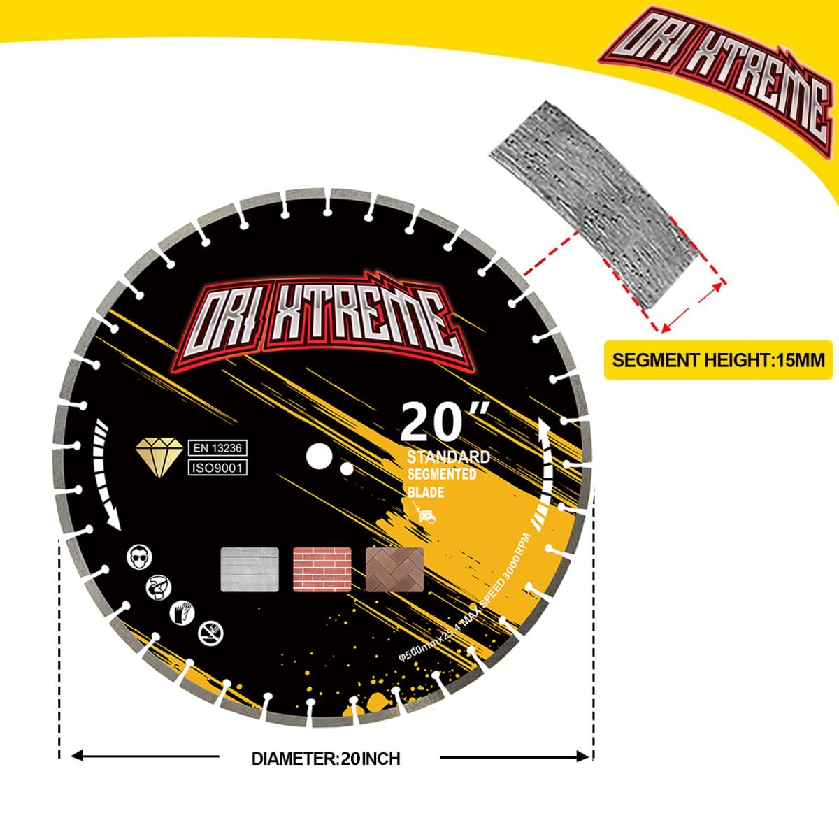 20 Inch Diamond Concrete Saw Blade, Segmented General Purpose Blade Dry/Wet Cutting Concrete, Reinforced Concrete, Green Concrete, Masonry 1' Arbor