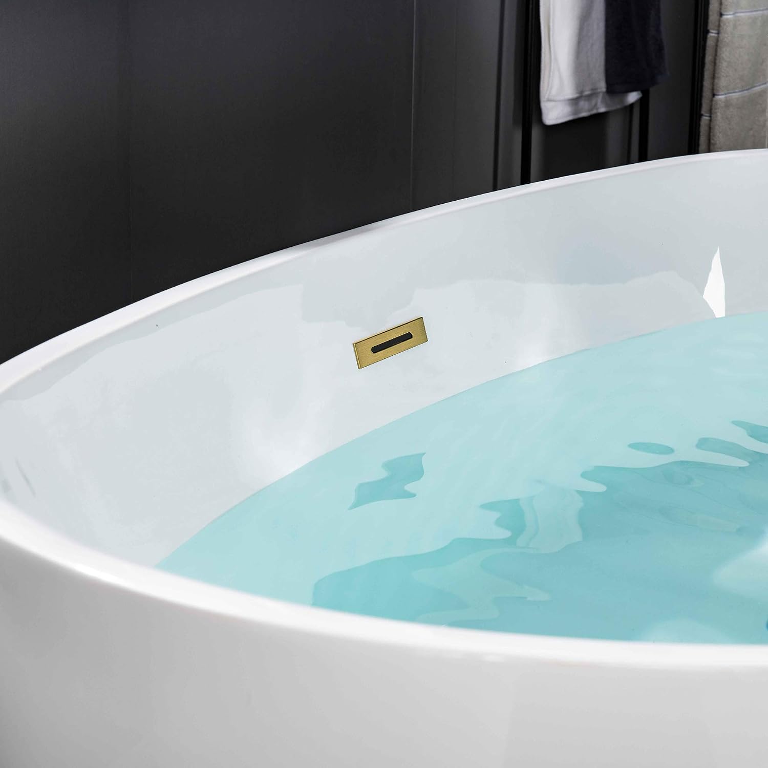 WOODBRIDGE 59' Acrylic Freestanding Bathtub Contemporary Soaking White Tub with Brushed Gold Overflow and Drain，BTA1518 -BG-Drain &O