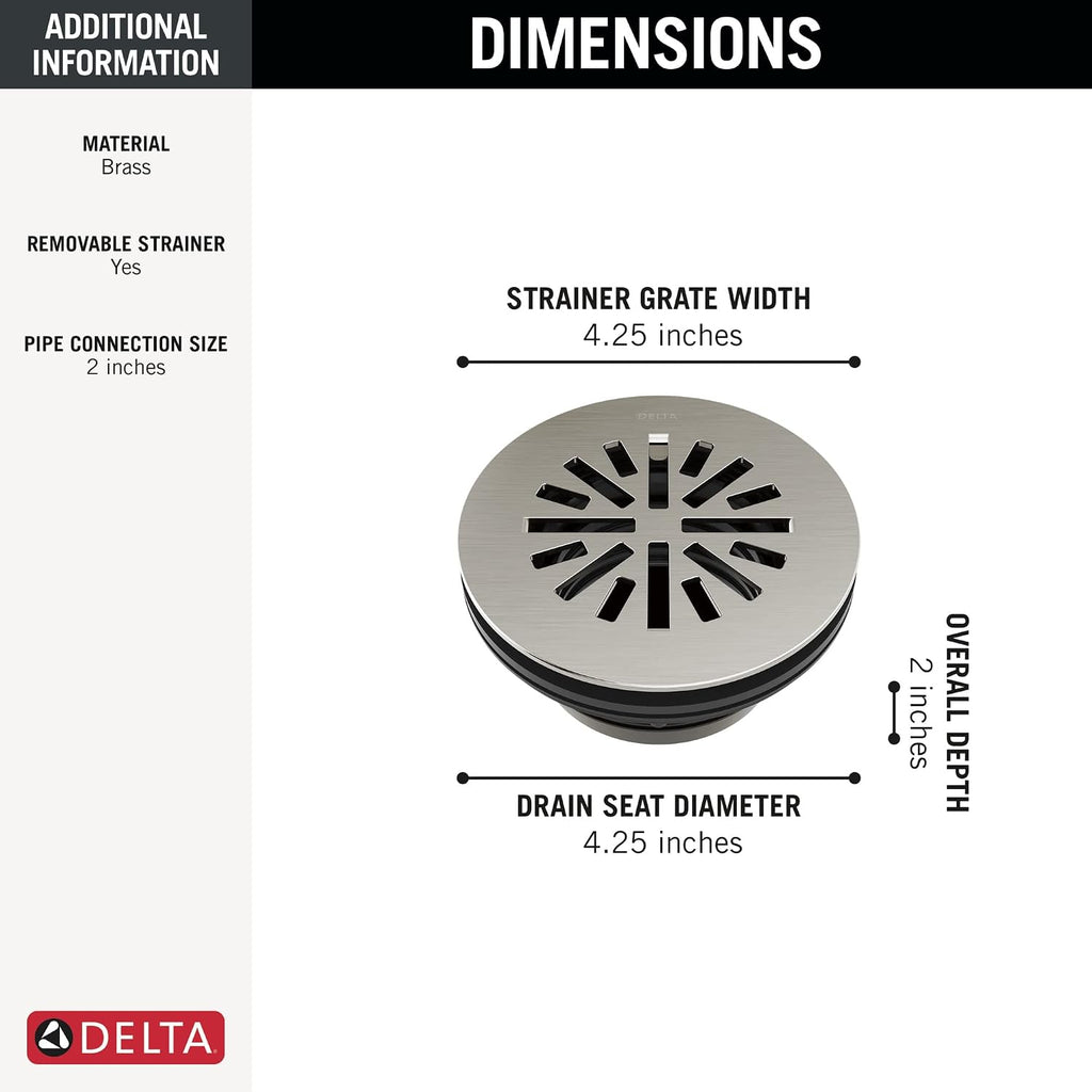 Delta 4 Inch Brushed Nickel Round Shower Floor Drain with Gasket and Snap-In Drain Gate, Stainless DT051411-SS