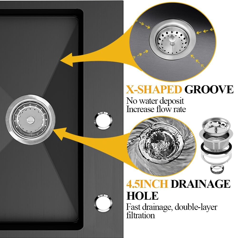 Black 22x18 Inch Kitchen And Bar Sink-Stainless Steel Drop In Single Bowl Topmount Kitchen&Bar Sink Combo-Sink Grid,Soap Dispenser,Drain Basket,Strainer Mesh,Drain Strainer Set for Modern Kitchen Sink