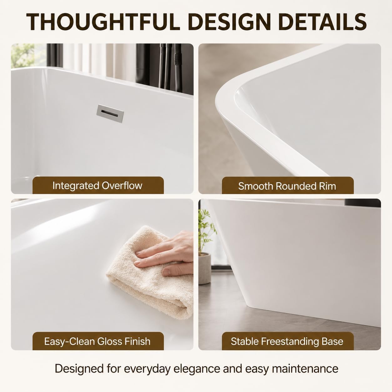 66' Freestanding Acrylic Soaking Tub,Large Freestanding Bathtub with Non-Slip Surface, Overflow and Drain Included, Freestanding Bathtub with Chrome Drain, Deep Stand-Alone Tub for Relaxing Home Spa
