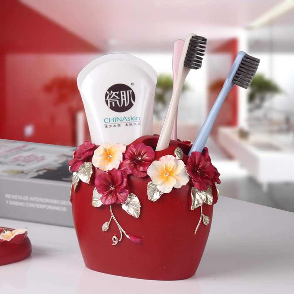 Bathroom Accessories Set Creativity Romantic Wedding Bath Set Resin Bath Ensemble Includes Toothbrush Holder, 2 Tumblers, Liquid Soap Dispenser, Soap Dish,Red