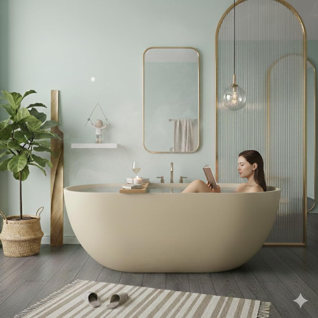Premium 59' Cream Solid Surface Freestanding Bathtub, Upgraded Oval Stone Resin Tub with Overflow and Pop-up Drain