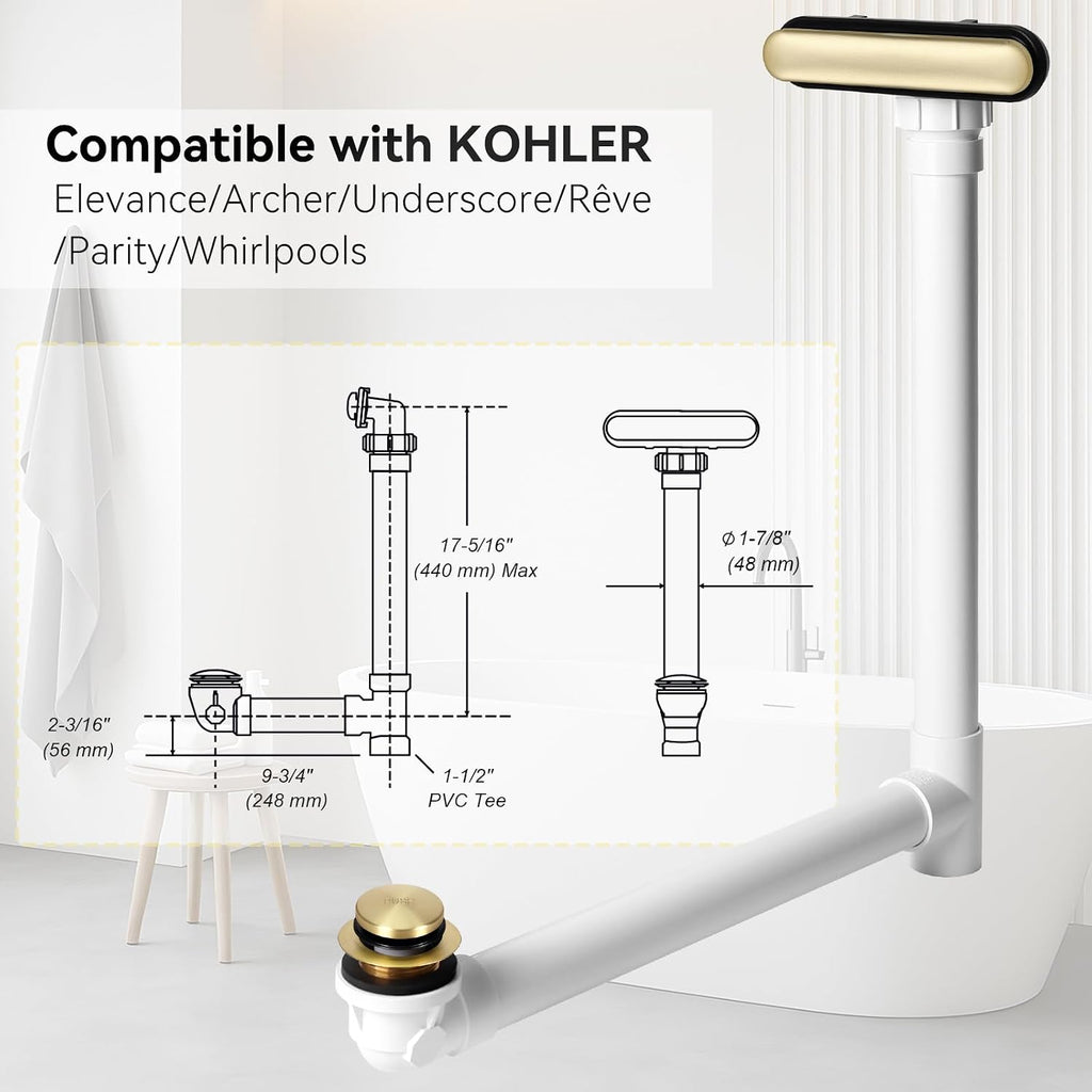 Slotted Overflow Bath Drain with Toe-Tap Stopper, Compatible with Kohler Elevance/Archer/Underscore/Rêve/Parity Baths and whirlpools, Easy Installation, Slotted Overflow Bath Drain
