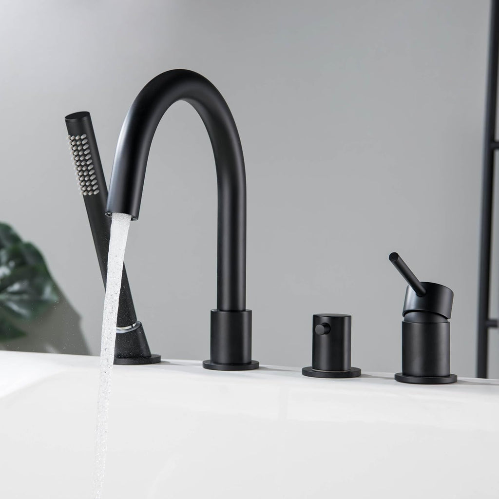 KIBI Circular Single Handle Roman Tub Faucet with Hand Shower | Deck Mounted Bathtub Faucet Set with Diverter | Durable Solid Brass Construction, Smooth Water Flow Control | Matte Black, KTF3101