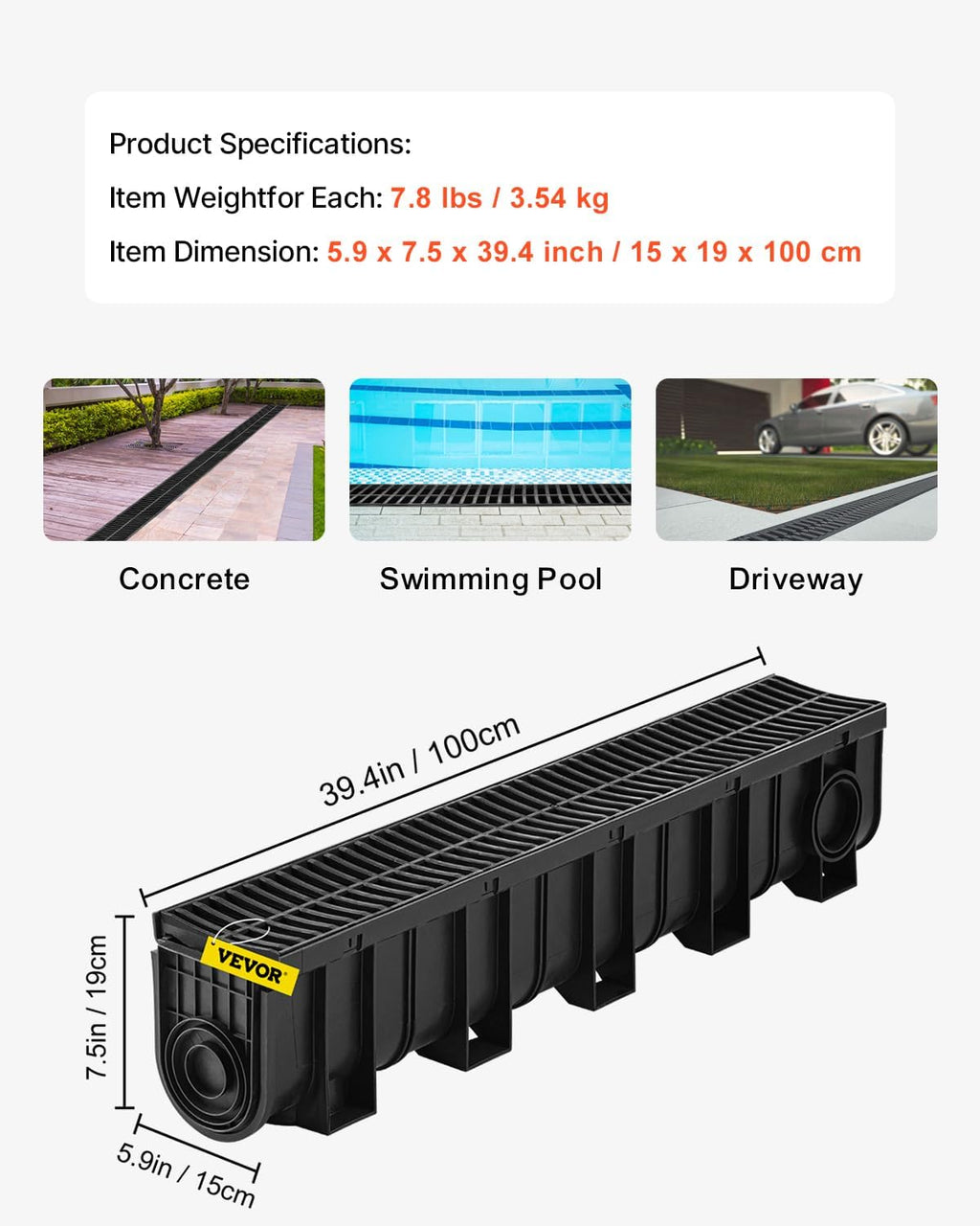 VEVOR Trench Drain System 5 Pack, Channel Drain with Plastic Grate 5.9 x 7.5 in HDPE Drainage Trench, Black Plastic Garage Floor Waterway 5 x 39 in with 5 End Caps for Garden Driveway