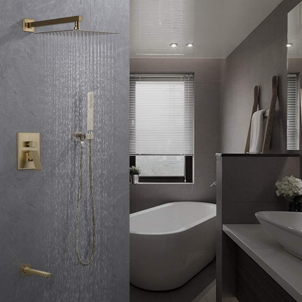Iriber Brushed Gold Rain Shower System with Waterfall Tub Spout 3 Function Shower Faucet Set Contain 12 Inch Shower Head and Handheld Modern Bathroom Shower Trim Kit (Valve Cartridge Included)