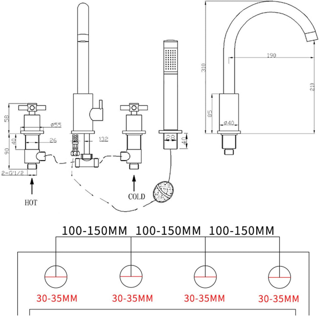 Bath Mixer Tap with Shower Attachment, 3-Hole Bathtub Tap Shower Head and Hose Set for Bath Taps Chrome,B