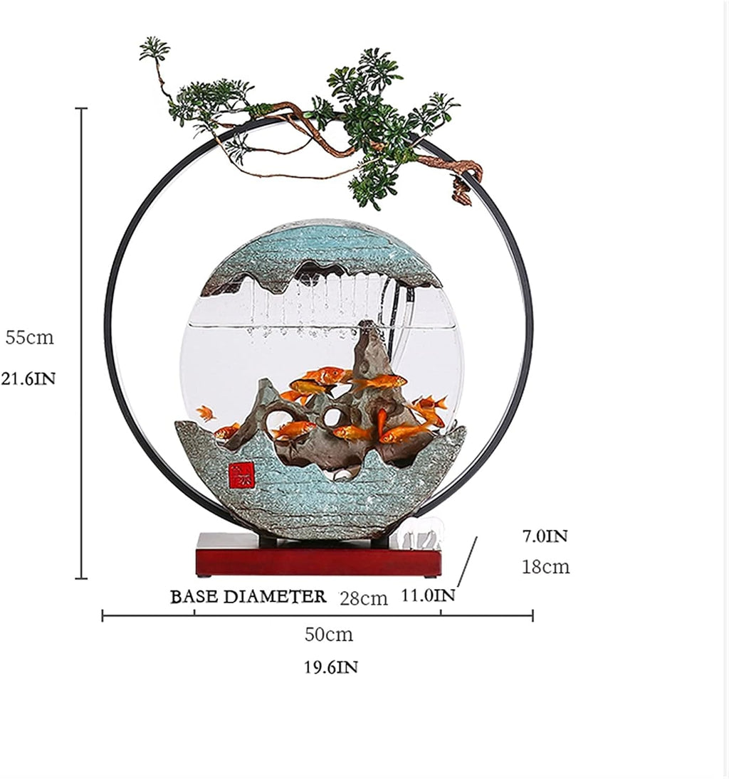 WASHLA Creative Tabletop Fountain with LED Light Ring, Warm Light That is Not Dazzling, and a Glass Fish Tank, Suitable for Multiple Scenes