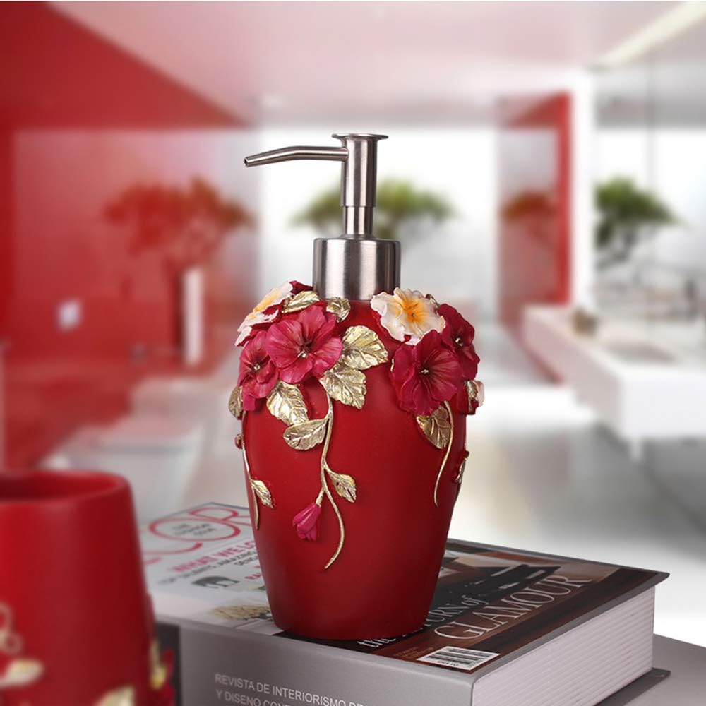 Bathroom Accessories Set Creativity Romantic Wedding Bath Set Resin Bath Ensemble Includes Toothbrush Holder, 2 Tumblers, Liquid Soap Dispenser, Soap Dish,Red