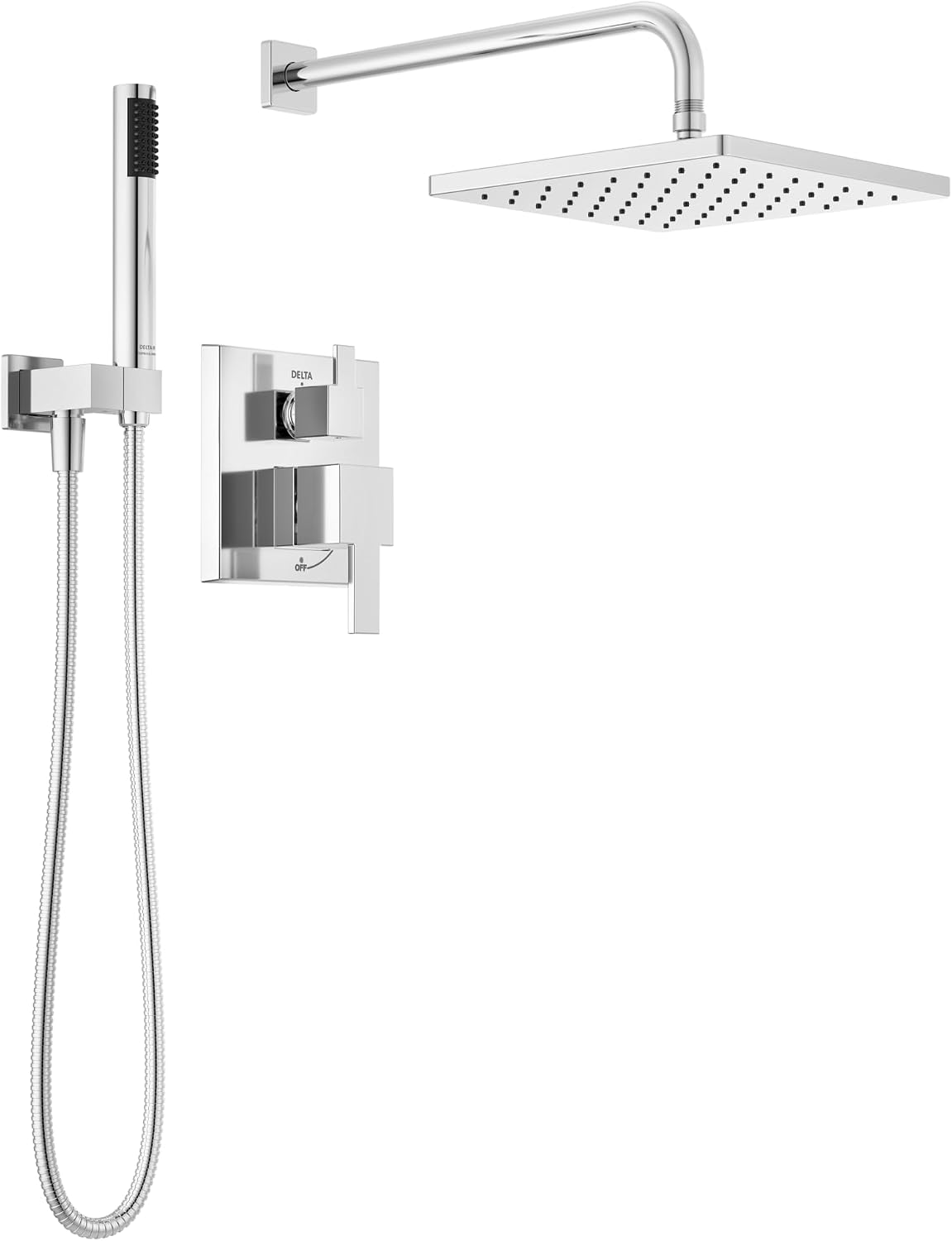 Delta Modern 14 Series Square Rain Shower System Faucet Set, Rainfall Chrome Shower Head and Handle Set, Valve Trim Kit, 10 Inch, Chrome T342701 (Valve Not Included)