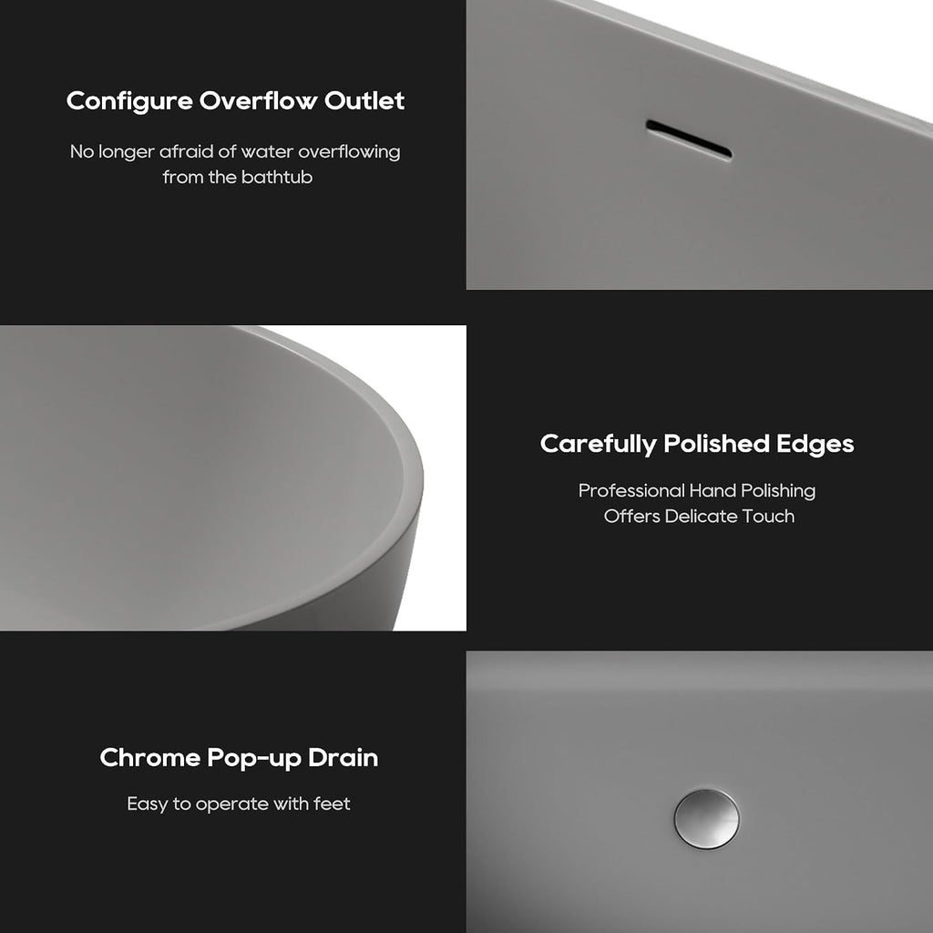 SJ STAR&JANE 59' Solid Surface Freestanding Bathtub Oval Stone Resin Soaking Tub Modern Stand Alone Tub with Overflow & Pop-up Drain for Bathrooms Dark Gray