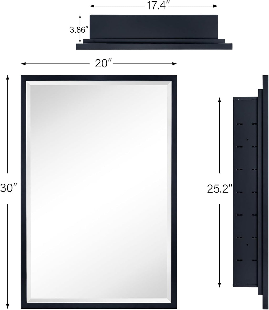 TEHOME Black Recessed Bathroom Medicine Cabinet with Mirror Squared Corner Rectangle Metal Framed Medicine Cabinet with Beveled Mirror 20x30''