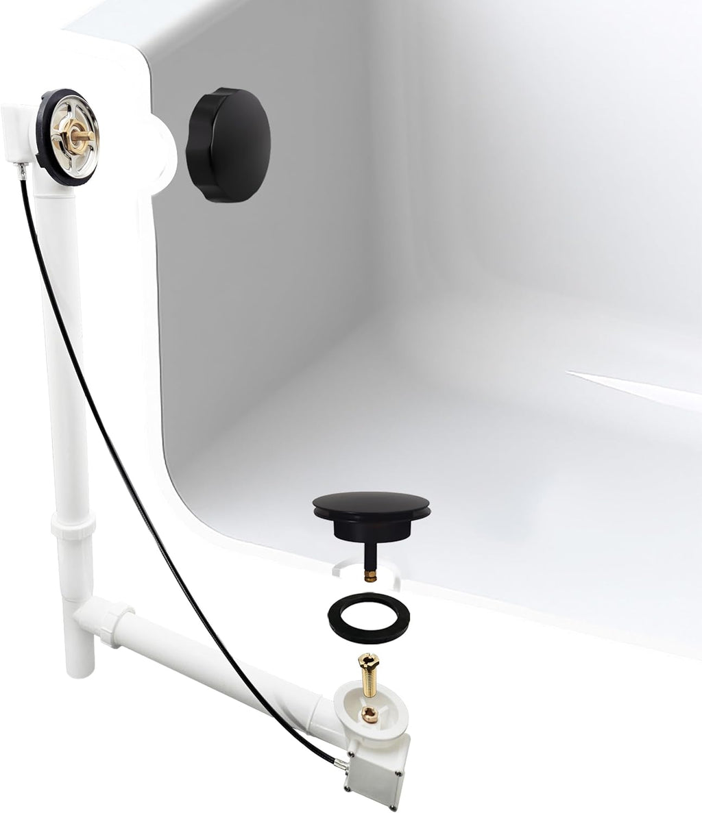 Westbrass A50P35TLE-62 35' Cable Drive Bath Drain Trim Kit with Rotary Overflow Cover Knob, European Stopper and Poly Tubular Pipes, Matte Black