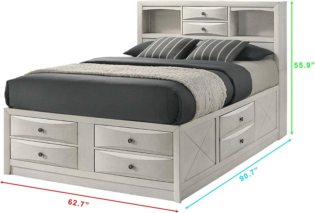 6pc Master Bedroom Set Antique White Finish Solid Wood Platform Queen Size Captain's Bed Wooden Furniture