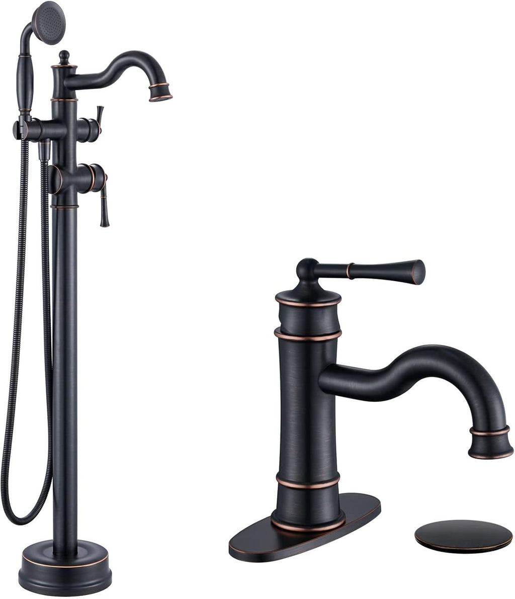 Roman Bathroom Faucet Set, Single Hole Sink Faucet With Pop Up Drain, Free Standing Tub Faucet Filler with High Pressure Handheld Shower, Oil Rubber Bronze