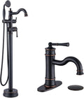 Roman Bathroom Faucet Set, Single Hole Sink Faucet With Pop Up Drain, Free Standing Tub Faucet Filler with High Pressure Handheld Shower, Oil Rubber Bronze