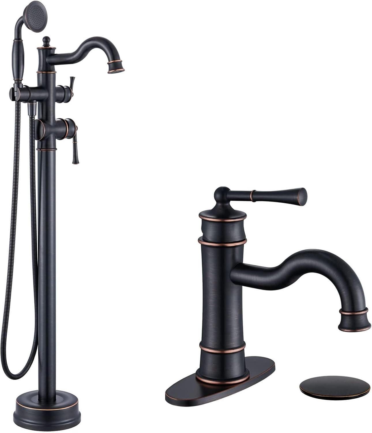 Roman Bathroom Faucet Set, Single Hole Sink Faucet With Pop Up Drain, Free Standing Tub Faucet Filler with High Pressure Handheld Shower, Oil Rubber Bronze