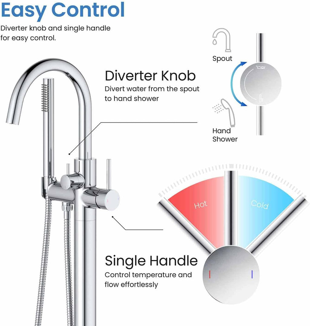KIBI Circular Floor Mount Bathtub Faucet with Hand Shower | Single Handle Freestanding Tub Filler | Modern Bath Faucet | Chrome Finish | Solid Brass | KTF301