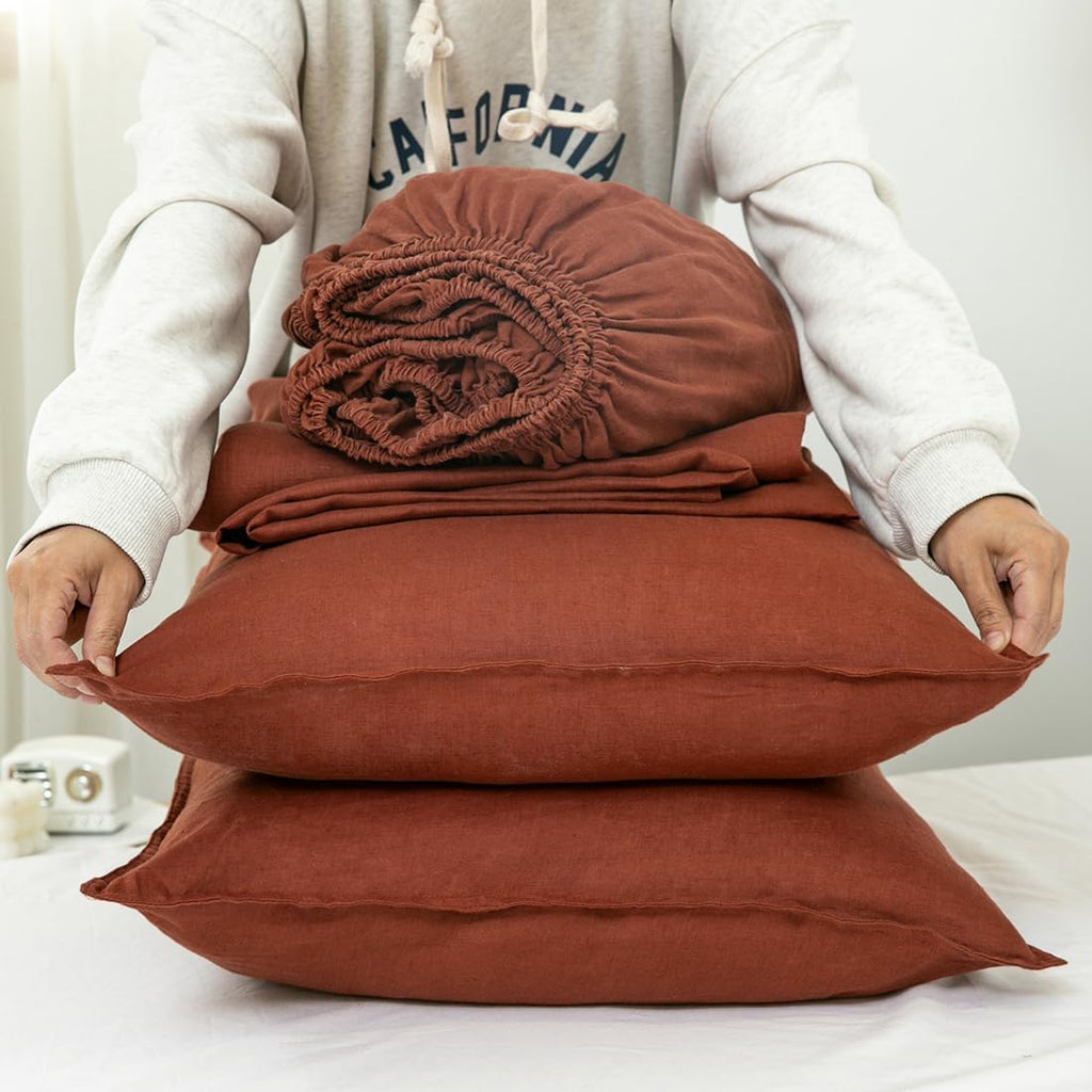 S VICTORY SYMBOL 100% Organic Linen Sheets Set Full Size-4 Pieces European Flax Linen Bed Sheets(1 Flat Sheet,1 Fitted Sheet,2 Pillowcases) GOTS Certified,Breathable Soft Durable-Burgundy
