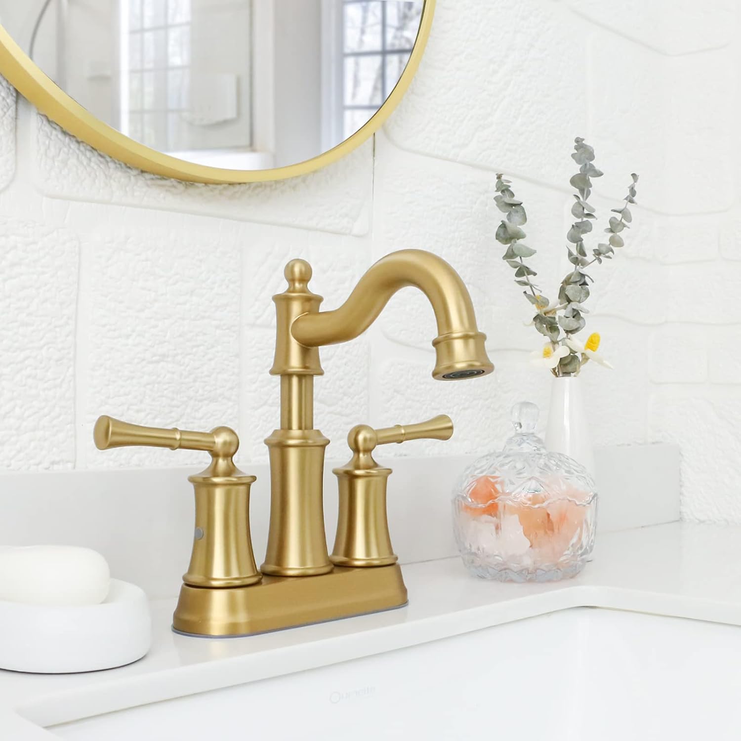 Roman Bathroom Faucet Set, Centerset Sink Faucet 2 Hole with Pop Up Drain, Free Standing Tub Faucet Filler with High Pressure Handheld Shower, Brushed Gold