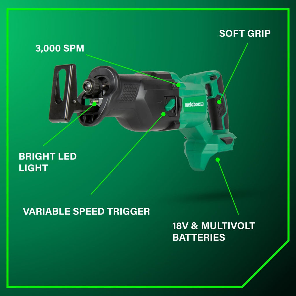 Metabo HPT 18V MultiVolt Cordless Reciprocating Saw, Orbital Cut Mode, 36% Less Vibration, 1-1/8' Stroke Length, 3,000 SPM, LED Light, Tool Body Only, CR18DBQ4