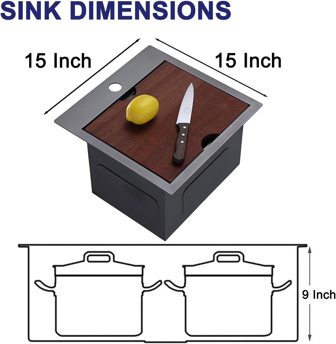 VAPSINT 15x15 Inch Black Bar Sink, Drop In Bar Sink Workstation Top Mount Single Bowl Small Bar Sink, Stainless Steel Handmade Gunmetal Black Small Kitchen sink with Grid & Cutting Board